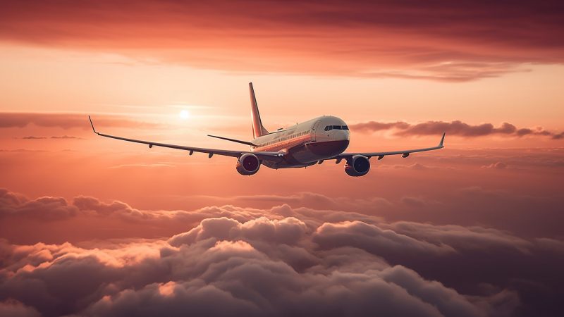 Flying commercial airplane taking off at sunset with dramatic sky generated by AI Navette Aéroport Taxi VTC à Lyon